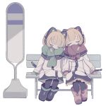  2girls animal_ear_headphones animal_ears atat250 bench black_footwear black_pantyhose black_sailor_collar blonde_hair blue_archive boots bow bowtie brown_footwear bus_stop cat_ear_headphones cat_tail closed_eyes dress facing_viewer fake_animal_ears fake_tail full_body green_mittens green_scarf headphones highres holding_hands midori_(blue_archive) mittens momoi_(blue_archive) multiple_girls pantyhose red_bow red_bowtie red_mittens red_scarf sailor_collar scarf siblings side-by-side sisters sitting sleeping tail twins white_dress 