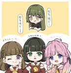  4girls :3 :d :o ;d anyoji_hime black_hair black_shirt blonde_hair blue_eyes blunt_bangs blunt_ends braid brown_dress brown_hair clothes_writing deformed dress gradient_hair green_eyes green_hair hair_intakes hair_ornament hairclip hasu_no_sora_school_uniform holding holding_phone kachimachi_kosuzu link!_like!_love_live! long_hair long_sleeves love_live! momose_ginko multicolored_hair multiple_girls neckerchief one_eye_closed oogami_sachi open_hand open_mouth outline phone pink_eyes pink_hair ponytail sailor_collar sailor_dress school_uniform shirt short_hair short_sleeves side_braids sidelocks smile straight_hair t-shirt v virtual_youtuber waving white_background white_outline white_sailor_collar winter_uniform yellow_background yellow_eyes yellow_neckerchief yishi_0111 