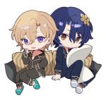  2boys aventurine_(honkai:_star_rail) black_pajamas blonde_hair blue_hair blue_pajamas chibi dr._ratio_(honkai:_star_rail) hair_between_eyes hair_ornament honkai:_star_rail honkai_(series) long_sleeves male_focus multiple_boys official_alternate_costume open_mouth pajamas pillow short_hair simple_background slippers smile sweet_love4s white_background 