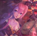  1girl alternate_costume blue_eyes bug cosplay flower hair_flower hair_ornament japanese_clothes lipstick long_hair lying makeup maria_(garnidelia) megurine_luka on_back pink_hair smile solo song_request takami_claire vocaloid 