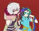  1boy 1other androgynous blue_eyes blue_hair facepaint facial_mark feathers forehead_mark gnosia green_eyes green_hair headphones long_hair long_sleeves makeup multicolored_hair other_focus raqio remnan_(gnosia) simple_background streaked_hair tattoo toyama96 upper_body white_hair 