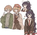  1girl 2boys :p aqua_eyes black_coat black_eyes black_hair black_vest blonde_hair blush_stickers brown_cardigan brown_sweater_vest cardigan closed_mouth coat don_quixote_(project_moon) glasses green_jacket grey_sweater heterochromia high_ponytail highres hong_lu_(project_moon) jacket limbus_company long_hair long_sleeves looking_at_viewer multiple_boys necktie open_mouth pants plaid plaid_pants project_moon red_necktie round_eyewear shirt short_hair simple_background sinclair_(project_moon) smile sweat sweater sweater_vest tongue tongue_out tull87e6 very_long_hair vest white_background white_shirt wing_collar yellow_eyes 