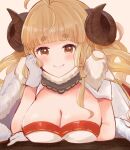  1girl anbaagu anila_(granblue_fantasy) arm_under_breasts blonde_hair breasts cape cleavage commentary_request fur_cape fur_collar gloves granblue_fantasy head_on_hand horns large_breasts looking_at_viewer orange_eyes solo thick_eyebrows white_gloves 