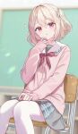  1girl absurdres blonde_hair blurry blurry_background blush cardigan chair hair_ribbon hand_on_lap hand_up highres indoors long_sleeves neck_ribbon original pantyhose parted_lips pink_eyes ribbon sailor_collar school_uniform short_hair sitting skirt solo two_side_up vs0mr 