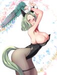  1girl absurdres air_messiah_(umamusume) animal_ears black_bow black_bowtie black_leotard bow bowtie breasts brown_eyes chainsaw cleavage commentary_request glasses green_hair grey_pantyhose highres holding holding_chainsaw horse_ears horse_girl horse_tail large_breasts leotard nontraditional_playboy_bunny omnc-eng pantyhose pink-framed_eyewear solo strapless strapless_leotard tail thighband_pantyhose umamusume wrist_cuffs 