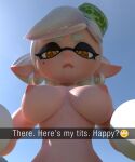  3d_(artwork) absurd_res animal_humanoid breasts butterdubious cephalopod cephalopod_humanoid dialogue digital_media_(artwork) ear_piercing emoji female frown hi_res humanoid humanoid_pointy_ears inkling looking_down marie_(splatoon) marine marine_humanoid mollusk mollusk_humanoid nintendo nipples piercing pseudo_hair snapchat solo splatoon tentacle_hair tentacles under_boob video_games 