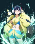  1girl absurdres black_hair blue_eyes colored_sclera cowboy_shot electricity elesa_(pokemon) emolga hand_on_own_hip headphones highres midriff miine_1029 pokemon pokemon_(creature) pokemon_bw2 short_hair_with_long_locks sparkle yellow_sclera zebstrika 