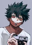  1boy absurdres artist_name black_hair blue_eyes boku_no_hero_academia burn_scar camera cheek_piercing commentary dabi_(boku_no_hero_academia) ear_piercing highres holding holding_camera looking_at_viewer male_focus multiple_scars piercing scar scar_on_arm scar_on_face sharl0ck shirt smile solo spiked_hair symbol-only_commentary upper_body white_shirt 