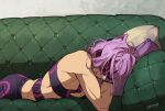  1boy closed_eyes closed_mouth couch cushion eye_mask jojo_no_kimyou_na_bouken lying male_focus medium_hair melone messy_hair mojisan_(ebimo) on_couch on_stomach purple_hair signature single_bare_shoulder sleeping solo upper_body 