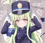 1girl :&lt; armband arms_up black_hat black_jacket black_tail blue_archive blue_armband buttoned_cuffs closed_mouth commentary_request doodle_sensei_(blue_archive) earrings glint green_hair green_halo grey_background halo hat heart highres hikari_(blue_archive) jacket jewelry long_hair long_sleeves looking_at_viewer peaked_cap pointy_ears sensei_(blue_archive) sidelocks solo sound_effects strap tail upper_body yashiro_hachi yellow_eyes 