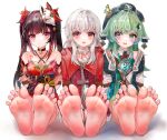  3girls arms_behind_back barefoot bell black_hair blue_eyes blush bound bound_arms breasts buxue_luo_li_tang chest_tattoo clara_(honkai:_star_rail) closed_mouth coat dress feet flat_chest foot_focus fox_mask full_body green_hair green_hat highres honkai:_star_rail honkai_(series) huohuo_(honkai:_star_rail) jingle_bell long_bangs long_hair mask multiple_girls obi pink_eyes presenting_foot red_coat red_dress red_eyes sash simple_background sitting small_breasts smile soles sparkle_(honkai:_star_rail) sweater tattoo teeth toes twintails upper_teeth_only white_background white_hair white_sweater 