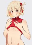  1girl :p blonde_hair breasts clothes_lift commentary_request grey_background hair_ribbon highres large_breasts lifted_by_self looking_at_viewer lycoris_recoil nishikigi_chisato red_eyes red_ribbon red_sports_bra ribbon sakura_1110ssmm shiny_skin short_hair solo sports_bra sports_bra_lift tongue tongue_out underboob upper_body 