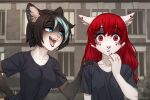  2017 3:2 anthro black_body black_clothing black_fur black_hair black_shirt black_topwear blue_eyes blue_hair blue_highlights breasts clothed clothing digital_media_(artwork) domestic_cat duo ear_piercing felid feline felis female fur hair hand_on_shoulder highlights_(coloring) iskra long_hair mai_karmel mammal open_mouth piercing pink_nose red_eyes red_hair seelena_zorn_(iskra) shaded shirt topwear white_body white_fur wide_eyed 