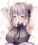  1girl armpits arms_behind_head black_ribbon black_skirt breasts commission earrings fang fang_out frilled_shirt frills grey_hair grey_shirt hair_bun hair_ribbon heart heart_earrings high-waist_skirt highres holding holding_ribbon indie_virtual_youtuber jewelry large_breasts long_hair looking_at_viewer minami_tette mitsuki_tsumi mouth_hold multicolored_hair neck_ribbon presenting_armpit purple_eyes purple_hair ribbon second-party_source shirt skeb_commission skirt sleeveless sleeveless_shirt smile solo sparkle streaked_hair taut_clothes taut_shirt upper_body virtual_youtuber 