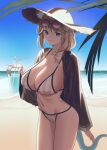  1girl absurdres arknights bangs beach bikini blonde_hair braid breasts brown_robe cleavage closed_mouth collarbone cowboy_shot crazy_straw cup day drink drinking_glass drinking_straw dripping eyewear_on_head fang front_braid grey_bikini hair_ornament hair_over_shoulder hat heart_straw highres holding holding_cup huge_breasts long_sleeves looking_at_viewer medium_hair multicolored_eyes navel ocean official_alternate_costume open_clothes outdoors purple-tinted_eyewear purple_eyes robe round_eyewear sand sideboob sidelocks siguya skin_fang smile solo stomach straw_hat striped striped_bikini sun_hat sunglasses swimsuit tail tinted_eyewear undone utage_(arknights) utage_(summer_flowers)_(arknights) vertical-striped_bikini vertical_stripes water wet_face 