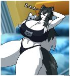 anthro big_breasts bra_and_panties breasts canid canine canis female hand_behind_head hi_res mammal ms_kurone plushie sleeping solo teacher thebunnypie wide_hips wolf