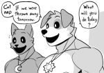 anthro canid canine canis catnap_(poppy_playtime) comic creepy_smile dialogue dogday_(poppy_playtime) domestic_cat domestic_dog duo felid feline felis half_body_sketch jewelry male mammal mumu202 muscular muscular_anthro muscular_male pendant question_mark smile solo text