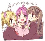  3girls ;) anyoji_hime aqua_eyes blonde_hair blue_eyes blush brown_hair closed_mouth commentary_request fang flower flustered fujishima_megumi girl_sandwich hair_flower hair_ornament jacket link!_like!_love_live! long_hair love_live! mira-cra_park! multiple_girls one_eye_closed open_mouth osawa_rurino parted_bangs pink_flower pink_hair pink_jacket purple_eyes sandwiched simple_background smile takatsuki_tsukasa tearing_up translation_request twintails two_side_up virtual_youtuber white_background 