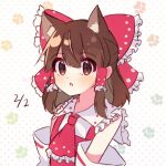  1girl animal_ear_fluff animal_ears ascot blush bow brown_eyes brown_hair cat_day cat_ears commentary_request dated detached_sleeves frilled_bow frilled_hair_tubes frills hair_bow hair_tubes hakurei_reimu kudamono25253 long_hair looking_at_viewer open_mouth paw_print paw_print_background red_ascot red_bow ribbon-trimmed_sleeves ribbon_trim solo touhou 