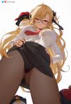  1girl black_skirt blonde_hair blush breasts clothes_lift commentary english_commentary glasses greatodoggo highres hololive hololive_indonesia kaela_kovalskia large_breasts lifted_by_self long_hair looking_at_viewer office_lady panties pantyhose pencil_skirt red_eyes shirt skirt skirt_lift smile solo underwear virtual_youtuber white_shirt 