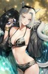  1girl animal_ears bare_shoulders black_jacket blue_eyes bracelet breasts cat_ears cat_girl cat_tail cleavage closed_mouth dappled_sunlight duan_henglong eyewear_removed final_fantasy final_fantasy_xiv grey_hair highres holding holding_eyewear jacket jewelry large_breasts long_hair long_sleeves looking_at_viewer lying miqo&#039;te mole mole_under_eye navel off_shoulder on_ground on_side open_clothes open_jacket smile solo starfish stomach sunglasses sunlight tail water 