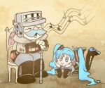  1boy 1girl :&gt; aqua_eyes aqua_hair boots brown_background chair closed_eyes commentary detached_sleeves eighth_note english_commentary facial_hair full_body hands_on_own_cheeks hands_on_own_face hatsune_miku head_rest ibm ibm_7094 long_hair looking_at_another lying music musical_note mustache on_stomach singing sitting skirt smile staff_(music) tape thegreatrouge thigh_boots twintails very_long_hair vocaloid 