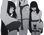  1girl aelion_draws armpits arms_up ass back_tattoo bare_shoulders black_choker black_hair blunt_bangs body_writing bracelet breasts chel_(the_road_to_el_dorado) choker dark-skinned_female dark_skin english_commentary facing_viewer fishnet_thighhighs fishnets goth_fashion greyscale hair_over_shoulder highres jewelry kneepits large_breasts lip_piercing lip_ring loincloth long_hair looking_at_viewer mole mole_on_breast monochrome multiple_piercings multiple_views narrowed_eyes navel navel_piercing piercing simple_background solo spiked_bracelet spiked_choker spiked_thigh_strap spikes straight_hair strapless tattoo the_road_to_el_dorado thick_thighs thighhighs thighs tube_top white_background 