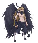  abs absurdres baphomet_(black_souls) black_souls black_wings blue_eyes breasts claws heterochromia highres hooves horns large_breasts large_wings looking_to_the_side no_nipples parted_lips pentacle pointy_ears rabbit_king red_eyes satyr sharp_teeth tail teeth wings 