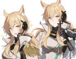  1girl absurdres animal_ears arknights blonde_hair epaulettes fur hair_between_eyes headset highres horse_ears joshua_(shisanli934) long_hair looking_at_viewer nearl_(arknights) nearl_the_radiant_knight_(arknights) parted_lips sidelocks simple_background smile solo sparkle white_background yellow_eyes 