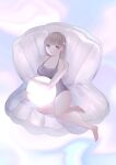  1girl barefoot blush breasts brown_hair butterfly_hair_ornament clam_shell cleavage full_body grey_eyes hair_ornament highres holding_orb hugupero looking_at_viewer medium_breasts orb original simple_background solo swimsuit 