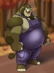  2022 absurd_res anthro autumn belly big_belly clothing green_body hi_res humanoid_hands male mammal musclegut outside overalls overweight overweight_male plant runxforest solo suid suina sus_(pig) tree wild_boar 