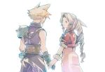  1boy 1girl aerith_gainsborough armor bandaged_arm bandages bangle belt black_gloves blonde_hair blue_pants blue_shirt bracelet braid braided_ponytail breasts brown_belt brown_hair cloud_strife couple cowboy_shot cropped_jacket dress final_fantasy final_fantasy_vii gloves green_eyes hair_ribbon hetero holding_hands jacket jewelry long_dress long_hair looking_at_another medium_breasts michibata_65 pants parted_bangs parted_lips pink_dress pink_ribbon puffy_short_sleeves puffy_sleeves red_jacket ribbon shirt short_hair short_sleeves shoulder_armor sidelocks single_bare_shoulder single_braid single_shoulder_pad sleeveless sleeveless_turtleneck smile spiked_hair suspenders turtleneck wavy_hair white_background 