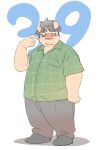 2024 anthro bottomwear clothing domestic_pig eyes_closed eyewear glasses hi_res inunoshippo kemono male mammal overweight overweight_male pants pink_body shirt simple_background solo suid suina sus_(pig) topwear