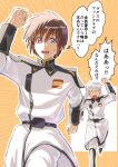  angry brown_hair chasing gundam gundam_seed gundam_seed_destiny highres kamatanu_free kira_yamato military military_uniform multiple_boys open_mouth purple_eyes running scared short_hair speech_bubble sweatdrop uniform white_hair yzak_joule zaft_uniform 