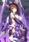  1girl alice_gear_aegis bare_shoulders breasts brown_eyes brown_hair cannon cleavage clothing_cutout covered_navel covered_nipples cowboy_shot doyouwantto elbow_gloves gloves groin gun headset holding holding_weapon impossible_clothes large_breasts looking_at_viewer mecha_musume mechanical_legs open_mouth pelvic_curtain revealing_clothes science_fiction short_hair solo standing suga_itsuri thighs weapon 