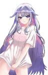  1girl absurdres breasts closed_mouth clothes_writing colored_inner_hair eyelashes grey_hair highres hololive hololive_english jewel_under_eye koseki_bijou long_hair multicolored_hair napat0712 no_pants pink_hair purple_hair shirt small_breasts solo sweat virtual_youtuber white_shirt 