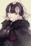  1girl black_cape breasts cape chain fate/grand_order fate_(series) fur-trimmed_cape fur_trim headpiece highres jeanne_d&#039;arc_alter_(avenger)_(fate) jeanne_d&#039;arc_alter_(fate) looking_at_viewer medium_breasts minako_larima parted_lips plackart short_hair simple_background solo upper_body white_background white_hair yellow_eyes 