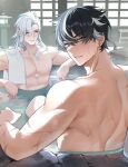  2boys bathing black_hair blue_eyes blue_hair blush closed_eyes collarbone commentary earrings from_behind genshin_impact grey_hair hair_between_eyes highres jewelry lantern long_hair looking_at_viewer looking_back male_focus multicolored_hair multiple_boys multiple_scars muscular muscular_male neuvillette_(genshin_impact) onsen parted_bangs parted_lips partially_submerged pectorals pointy_ears rock scar scar_on_arm scar_on_back shared_bathing short_hair shouji sliding_doors solcha stone_lantern streaked_hair stud_earrings symbol-only_commentary topless_male towel towel_on_one_shoulder water wet white_hair wriothesley_(genshin_impact) 