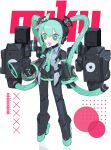  1girl absurdres ahoge android aqua_eyes aqua_hair aqua_necktie barcode bare_shoulders black_sleeves bright_pupils cable_hair character_name cheri_zao detached_sleeves full_body hatsune_miku highres holding holding_megaphone joints long_hair looking_at_viewer mechanical_parts megaphone miniskirt necktie number_tattoo proto_miku_(cheri_zao) robot_girl robot_joints see-through see-through_skirt see-through_sleeves shirt simple_background skirt sleeveless sleeveless_shirt solo standing tattoo very_long_hair vocaloid white_background white_pupils 