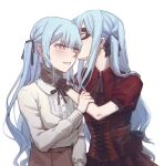  2girls ascot auo123 bang_dream! bang_dream!_it&#039;s_mygo!!!!! black_ascot black_corset black_gloves black_mask black_ribbon blue_brooch blue_hair blush brown_skirt chinese_commentary commentary_request corset dual_persona gloves hair_ribbon hand_on_another&#039;s_neck highres long_hair mask masquerade_mask multiple_girls neck_ribbon open_mouth puffy_short_sleeves puffy_sleeves red_shirt ribbon shirt short_sleeves sidelocks simple_background skirt togawa_sakiko white_background white_shirt 