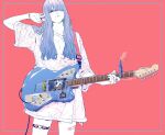  1girl akira_13go bandaid bandaid_on_hand bandaid_on_leg blue_hair bug colored_inner_hair colored_skin constellation_print electric_guitar gradient_hair green_hair guitar hair_over_one_eye hand_up highres holding holding_instrument instrument jewelry long_hair looking_at_viewer multicolored_hair original red_background red_nails ring shirt signature simple_background solo standing strap thigh_strap two-tone_hair white_shirt white_skin wide_sleeves 