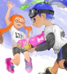  1boy 1girl 1other :d arm_up bike_shorts black_shorts blue_eyes blue_hair blue_sky blunt_bangs crop_top fangs from_behind full_body goggles goggles_on_head grin hair_tie highres holding holding_weapon inkling inkling_boy inkling_girl inkling_player_character kamikaihi_game layered_shirt long_hair looking_back midair midriff_peek open_mouth orange_eyes orange_hair pink_footwear pointy_ears ponytail print_shirt purple_footwear running shirt shoes short_sleeves shorts sky smile sneakers splatoon_(series) splatoon_1 splattershot_(splatoon) squid tentacle_hair twintails waving weapon white_shirt 