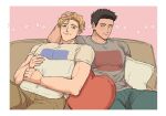  2boys ao_isami black_hair blonde_hair blush couch couple cowboy_shot facial_hair hand_on_another&#039;s_head hn_yasum lewis_smith male_focus multiple_boys on_couch pants pectorals pillow pink_background side-by-side sideburns_stubble smile stubble thick_eyebrows toned toned_male yaoi yuuki_bakuhatsu_bang_bravern 