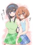  2girls :&lt; :d alpha-alf_layla arm_hug arms_at_sides bare_shoulders black_hair blue_eyes blue_hairband blue_shirt blue_skirt blue_wristband blush bob_cut breasts brown_eyes brown_hair closed_mouth collared_shirt commentary cowboy_shot green_shirt green_skirt green_wristband hair_between_eyes hairband highres large_breasts long_hair multiple_girls nishiaraidaishi_nishi open_mouth pink_background plaid plaid_skirt shirt short_hair side-by-side skirt sleeveless sleeveless_shirt small_breasts smile standing suzuki_ayako teekyuu tennis_skirt translated usakame white_background wristband yuri 