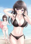  2girls arm_behind_head arm_up bare_arms bare_legs bare_shoulders barefoot bikini black_bikini black_hair blue_sky blush breasts brown_eyes brown_hair cleavage cloud collarbone commentary_request day fuyuno_tsubaki_(yukimaru217) harumiya_saki highres horizon innertube long_hair looking_at_viewer medium_breasts multiple_girls navel ocean open_mouth original outdoors purple_eyes side-tie_bikini_bottom sky smile swim_ring swimsuit water white_bikini yukimaru217 