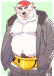 2024 anthro belly blush bottomwear bottomwear_down bulge canid canine clothed clothing hat headgear headwear hi_res kemono male mammal moobs navel nipples overweight overweight_male pants pants_down partially_clothed ryuta-h simple_background solo tongue tongue_out underwear