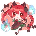  1girl absurdres animal_ears bow braid cat_ears cat_tail chibi dress extra_ears flaming_skull floating_skull green_bow green_dress hair_bow highres inukkomaru kaenbyou_rin multiple_tails nekomata red_eyes red_hair skull solo tail touhou twin_braids two_tails white_background 