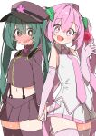  2girls absurdres black_thighhighs blush character_request check_character elbow_gloves gloves green_hair hatsune_miku highres long_hair long_sleeves multiple_girls necktie open_mouth pink_eyes pink_gloves pink_hair pink_necktie pleated_skirt skirt smile thighhighs twintails uruti_2388 vocaloid 