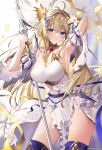  1girl antenna_hair armpits bare_shoulders belt blonde_hair blue_eyes boots breasts detached_sleeves dress flower granblue_fantasy hair_flower hair_intakes hair_ornament hand_up highres jeanne_d&#039;arc_(granblue_fantasy) large_breasts long_hair ribbon-trimmed_dress solo strapless strapless_dress thigh_boots very_long_hair white_dress yuntae 