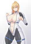  1girl black_bodysuit blonde_hair blue_eyes bodysuit borrowed_character breasts bridal_gauntlets center_opening cleavage clenched_hands collarbone commentary_request commission cowboy_shot crossed_bangs fighting_stance hair_between_eyes highres large_breasts long_hair looking_at_viewer navel original ozaneko parted_lips ponytail sidelocks simple_background skeb_commission skindentation solo standing stomach thigh_strap two-tone_bodysuit underbust white_background white_bodysuit 